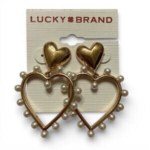 Lucky Brand Beating Heart Pearl & Gold Tone Statement Earrings Rare Sample